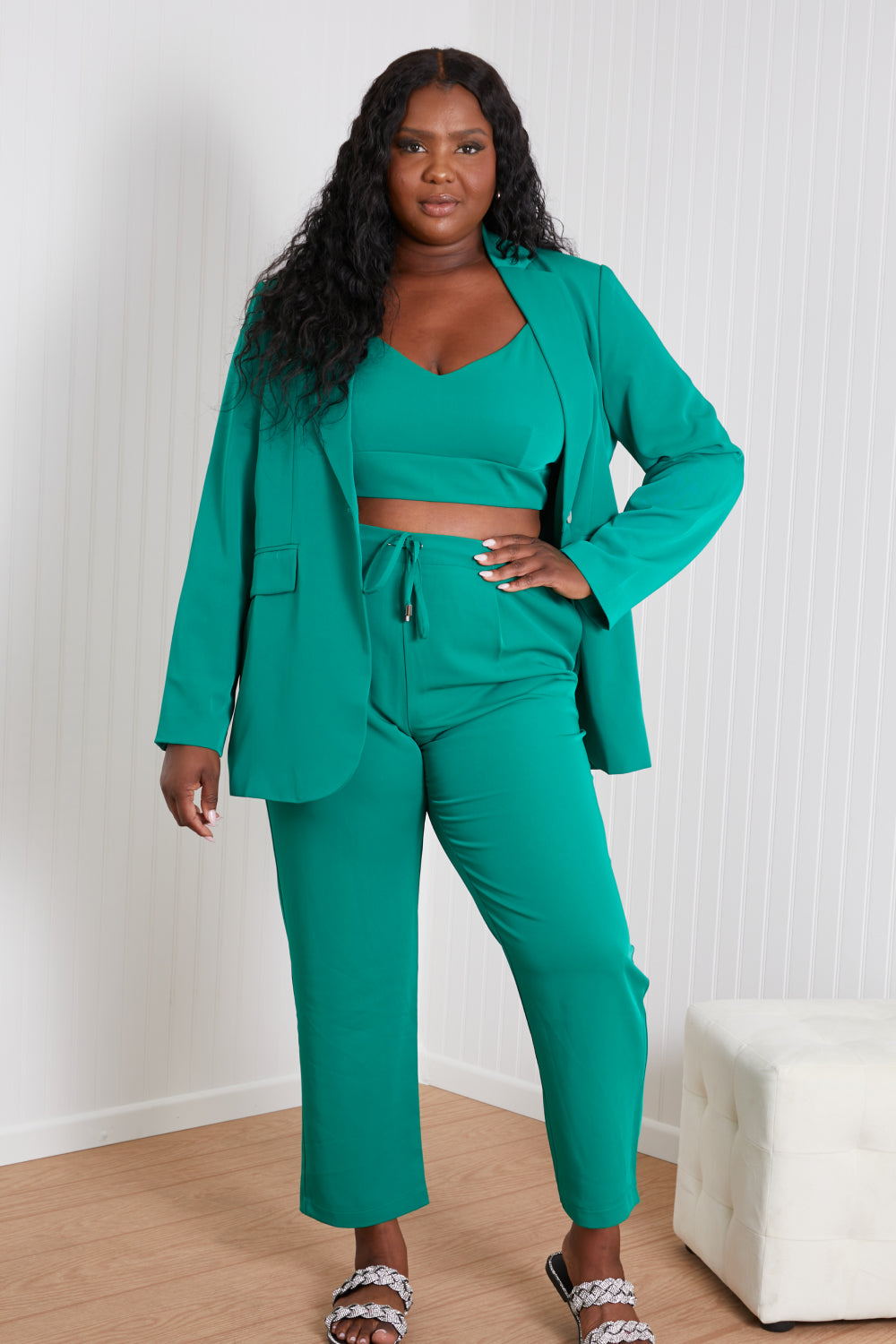 GeeGee Wall Street Bra, Blazer, and Pants Set in Kelly Green -