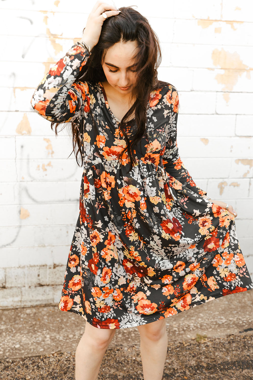 Floral Print Scoop Neck Long Sleeve Dress - Floral / S