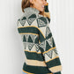 Davi & Dani Cozy Weather Full Size Geometric Fuzzy Turtleneck Sweater in Green -