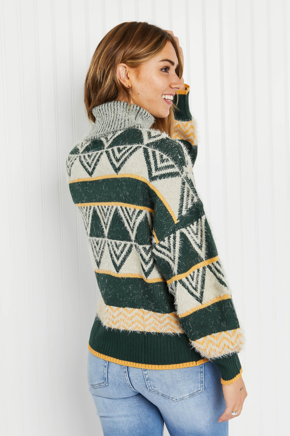 Davi & Dani Cozy Weather Full Size Geometric Fuzzy Turtleneck Sweater in Green -