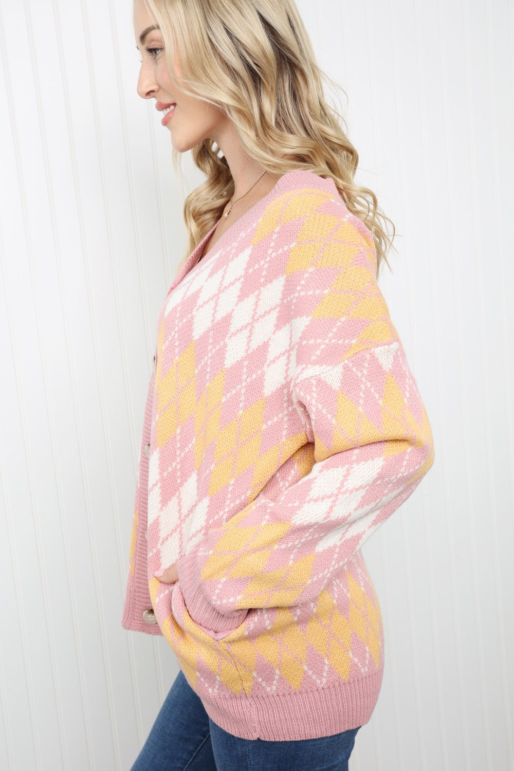 Petal Dew Argyle Button Front Dropped Shoulder Cardigan -