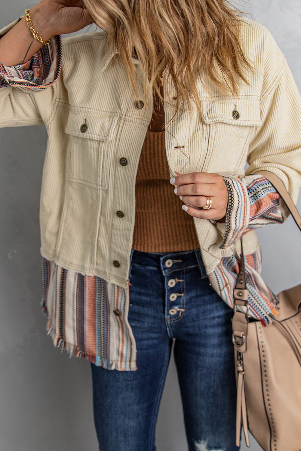 Striped Frayed Hem Corduroy Jacket -