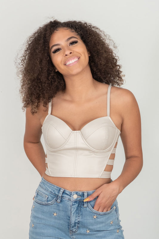 SHOPIRISBASIC Ready to Go Faux Leather Strappy Bustier Crop Top in Oyster - Oyster / S