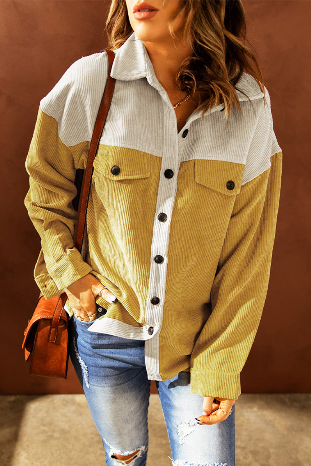 Color Block Button Front Corduroy Shirt Jacket -