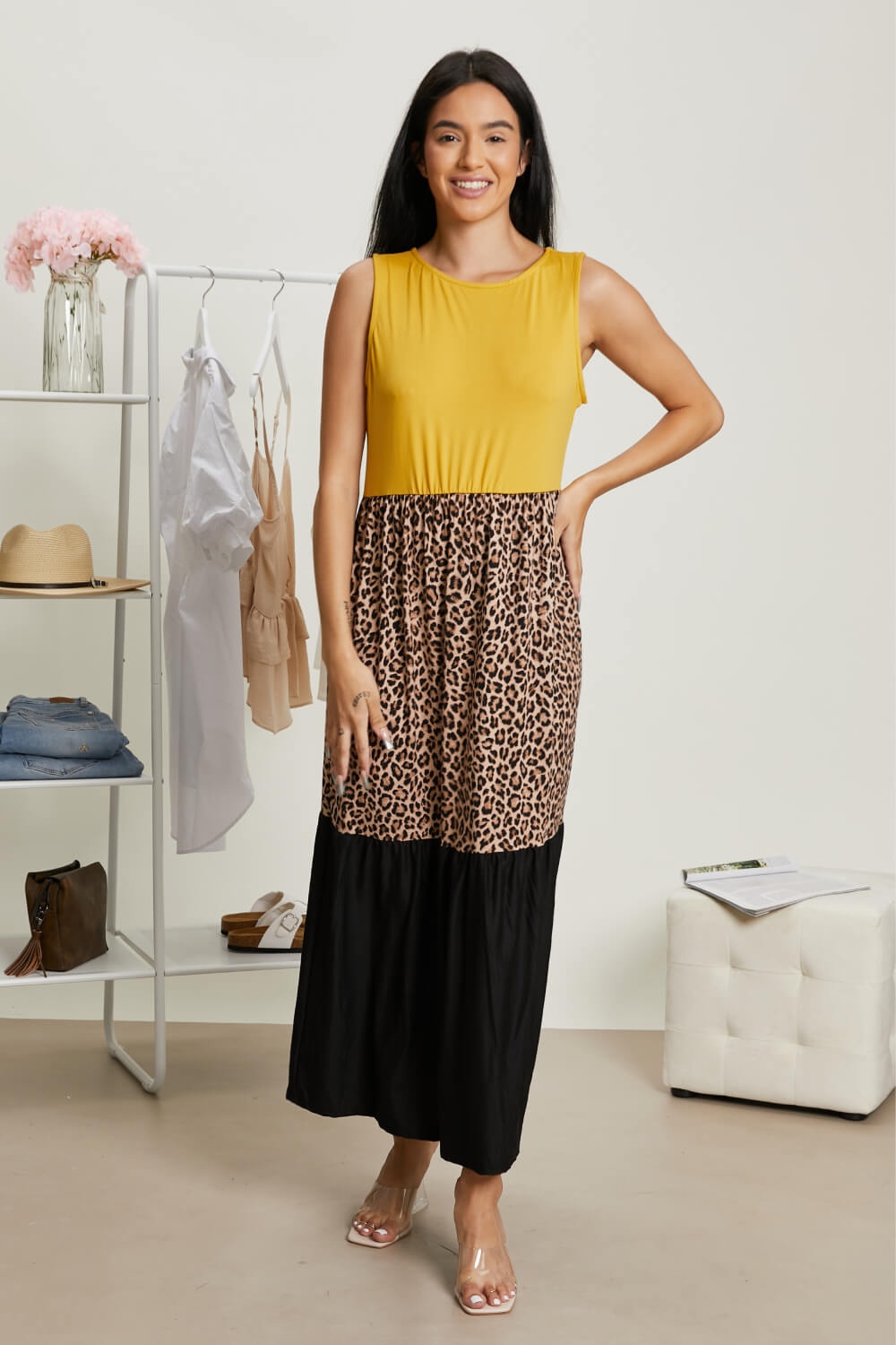 P & Rose Girl Next Door Leopard Color Block Dress in Mustard -