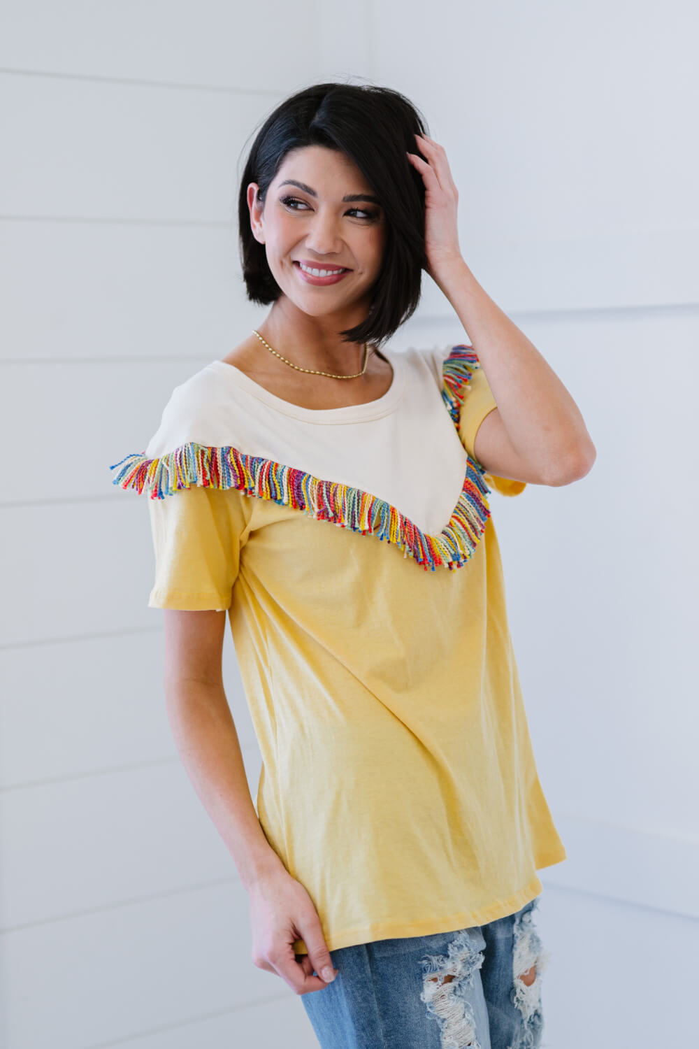 BiBi Saddle Up Fringe Detail Tee in Yellow -