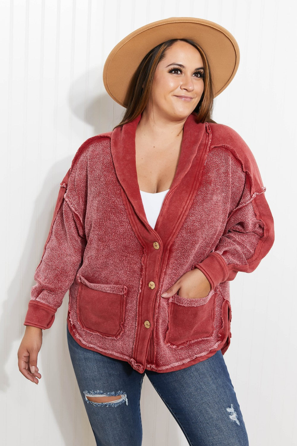 Zenana Autumn Breeze French Terry Button Front Jacket - Copper Red / XS