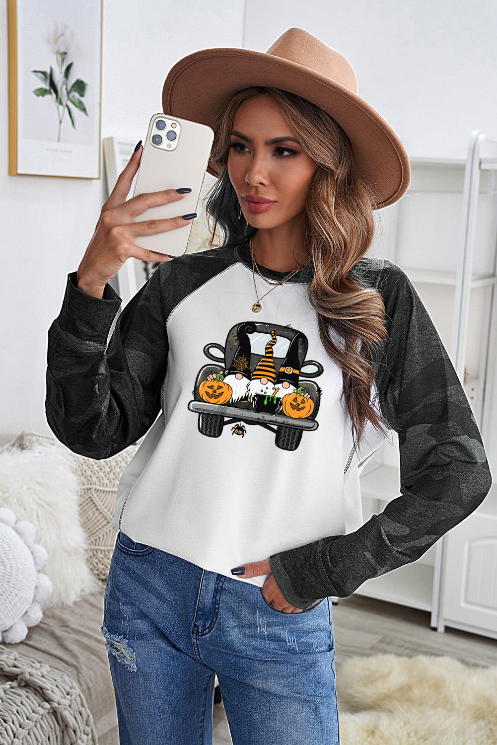 Halloween Car Graphic Camo Raglan Sleeve Sweatshirt - White / S