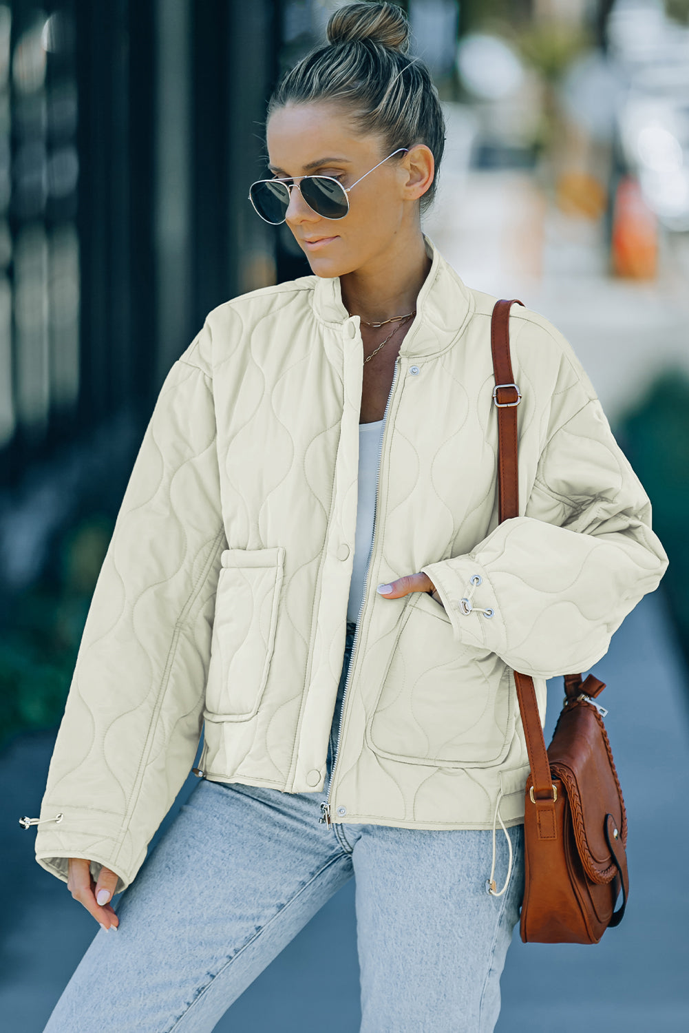 Drawstring Dropped Shoulder Quilted Jacket - Cream / S