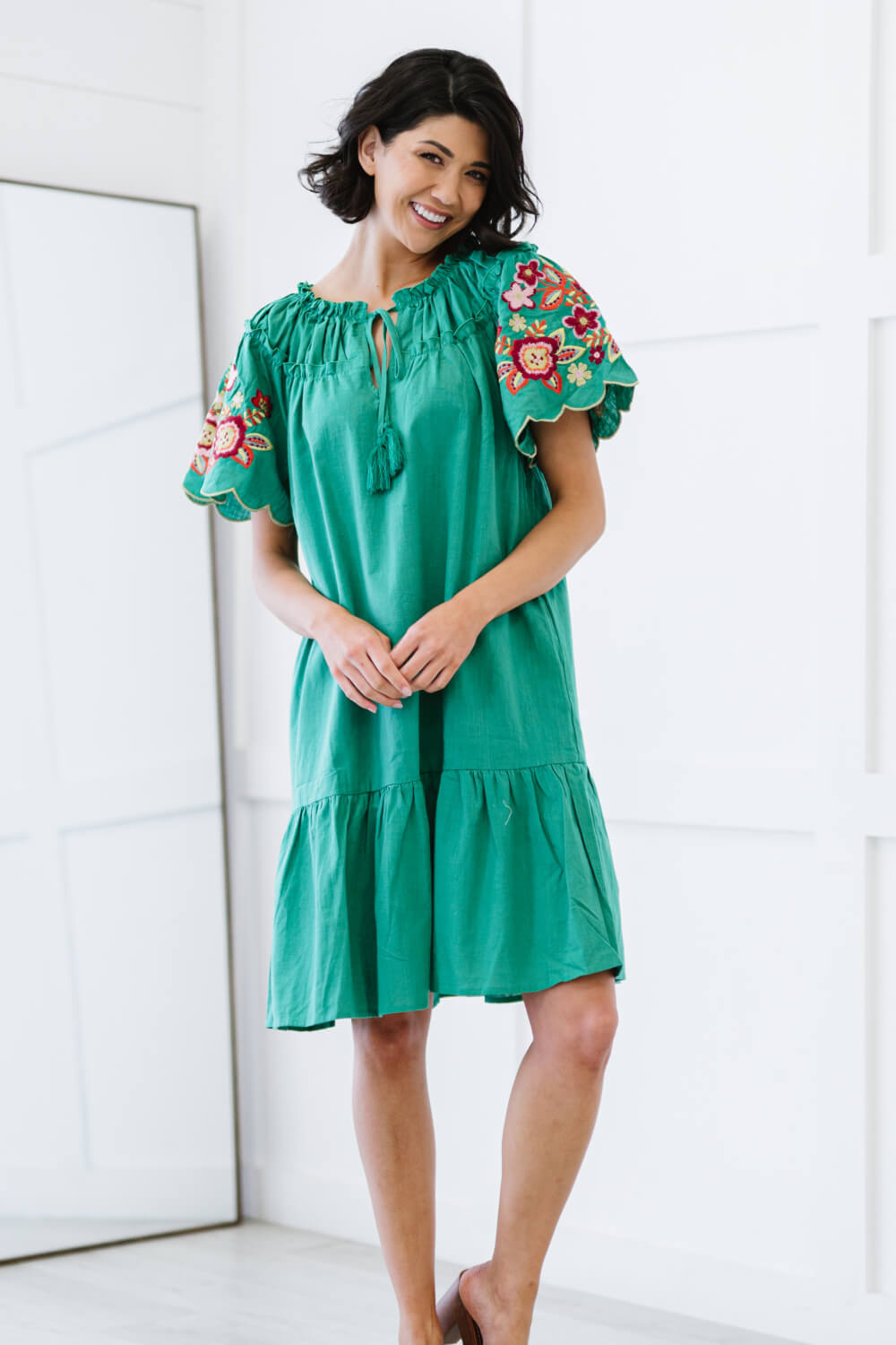 Davi & Dani Flowers for You Full Size Embroidered Dress in Green -