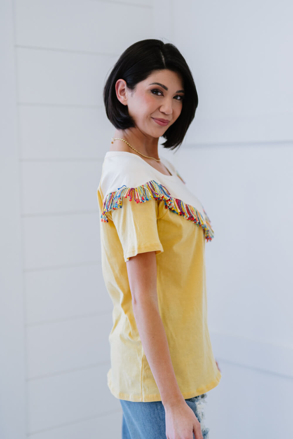 BiBi Saddle Up Fringe Detail Tee in Yellow -