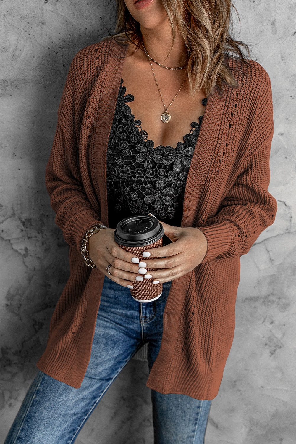 Openwork Rib-Knit Slit Cardigan - Brown / S