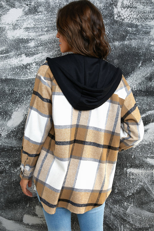 Plaid Button Down Hooded Shirt Jacket with Breast Pockets -