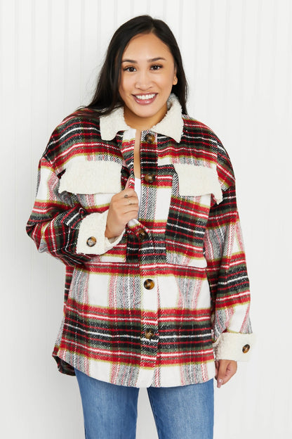 Davi & Dani Fresh Fall Vibes Full Size Plaid Button Down Jacket with Teddy Trim - Ivory / S