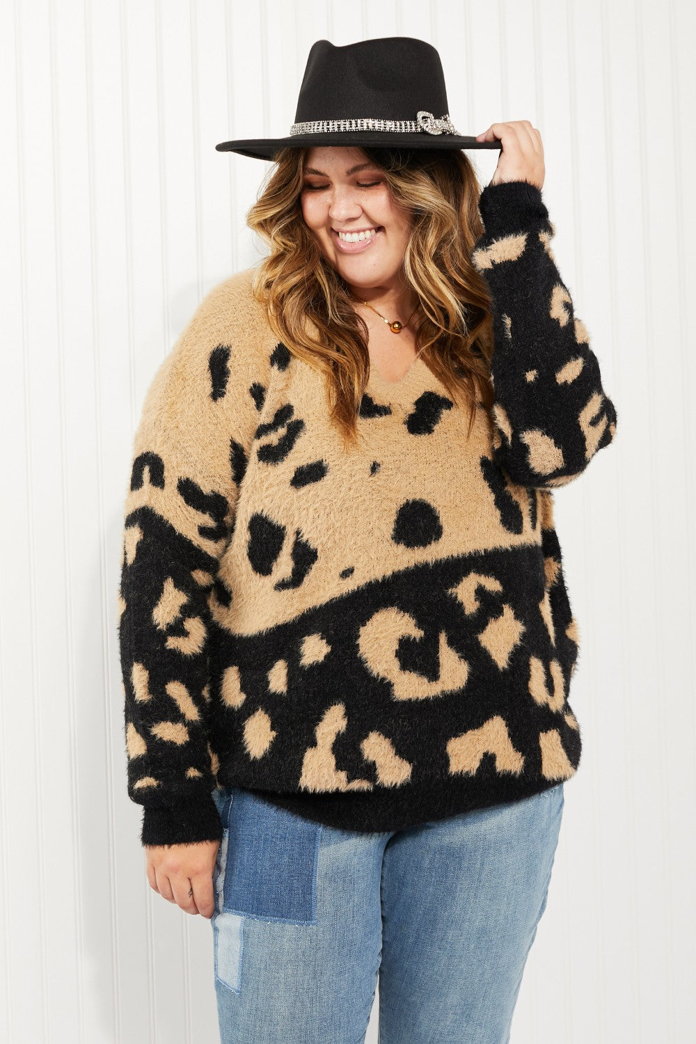 CY Fashion Full Size Leopard V-Neck Fuzzy Sweater -