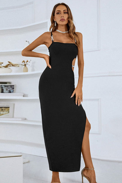 Rhinestone Spaghetti Strap Cutout Split Dress - Black / S