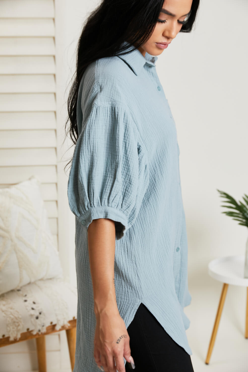 GeeGee La La Land Gauze Button-Up Tunic in Sage -