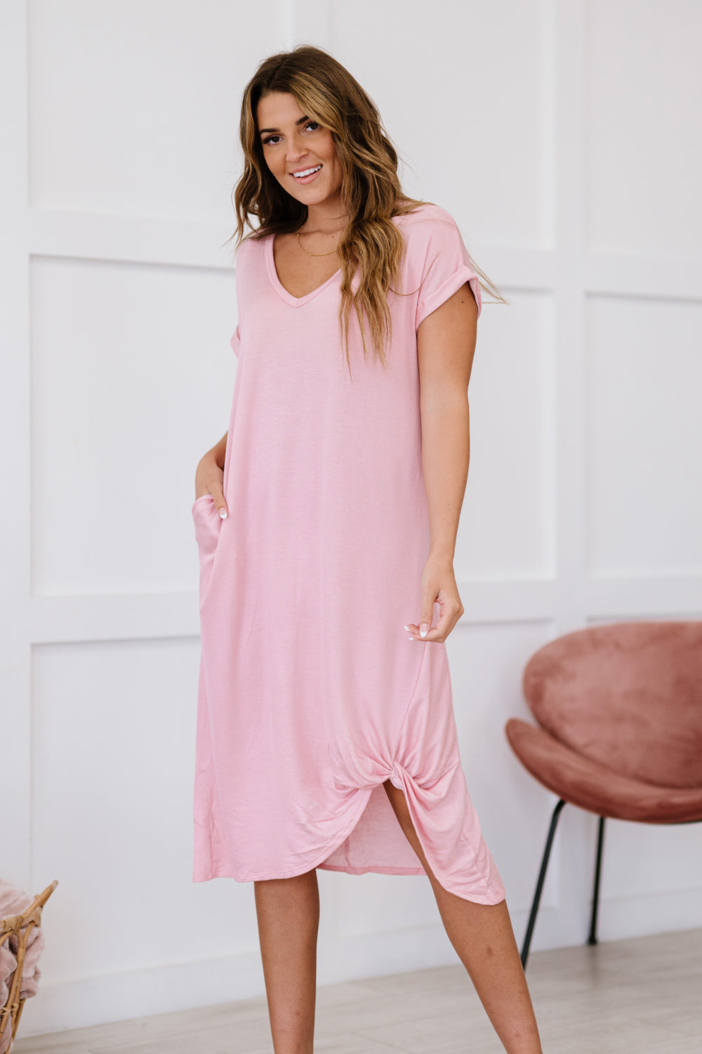 P & Rose Plot Twist T-Shirt Dress with Pockets in Rose -