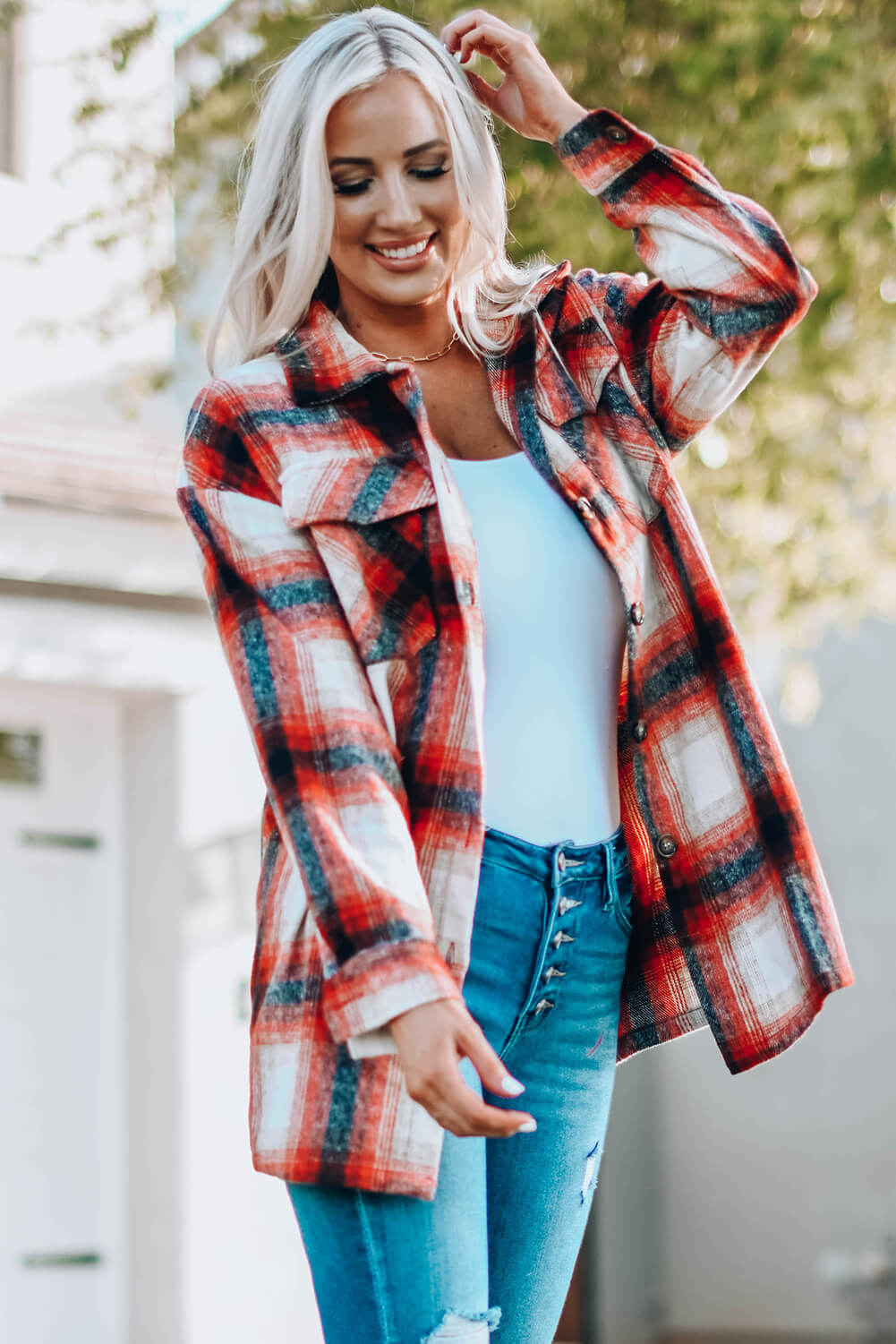 Plaid Button Up Shirt Jacket with Pockets -