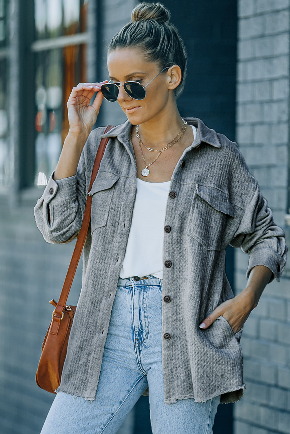 Textured Button Down Shirt Jacket with Pockets -