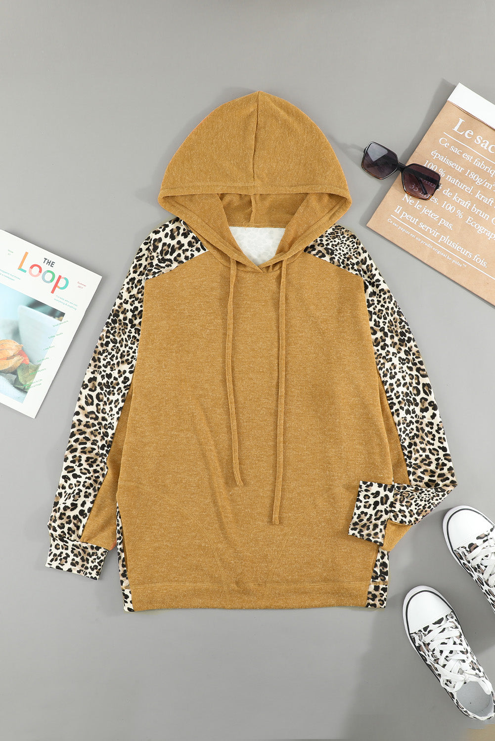 Leopard Print Sleeve Drawstring Hoodie -