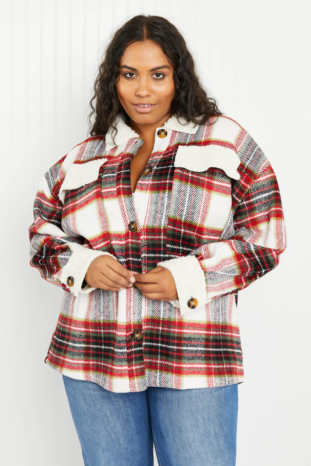 Davi & Dani Fresh Fall Vibes Full Size Plaid Button Down Jacket with Teddy Trim -