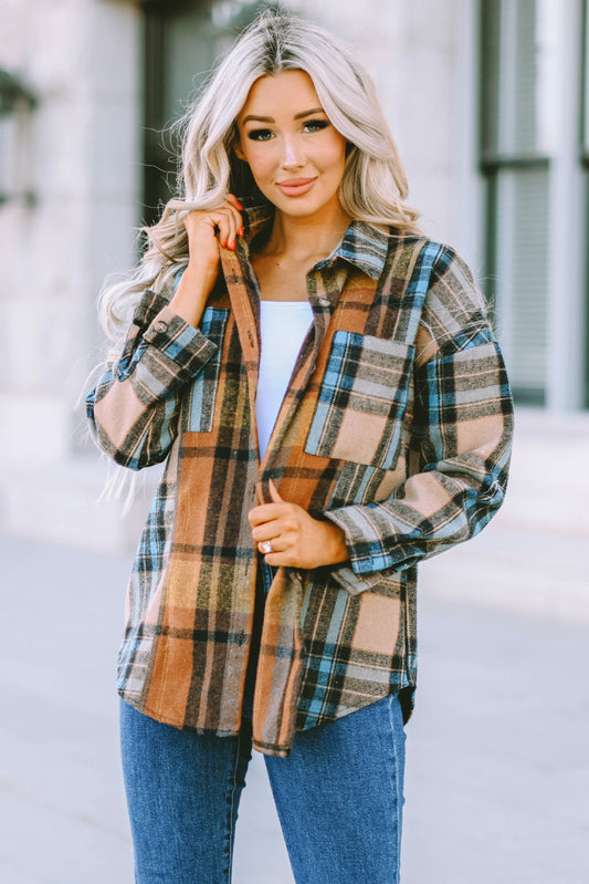 Plaid Curved Hem Shirt Jacket with Breast Pockets - Plaid / S