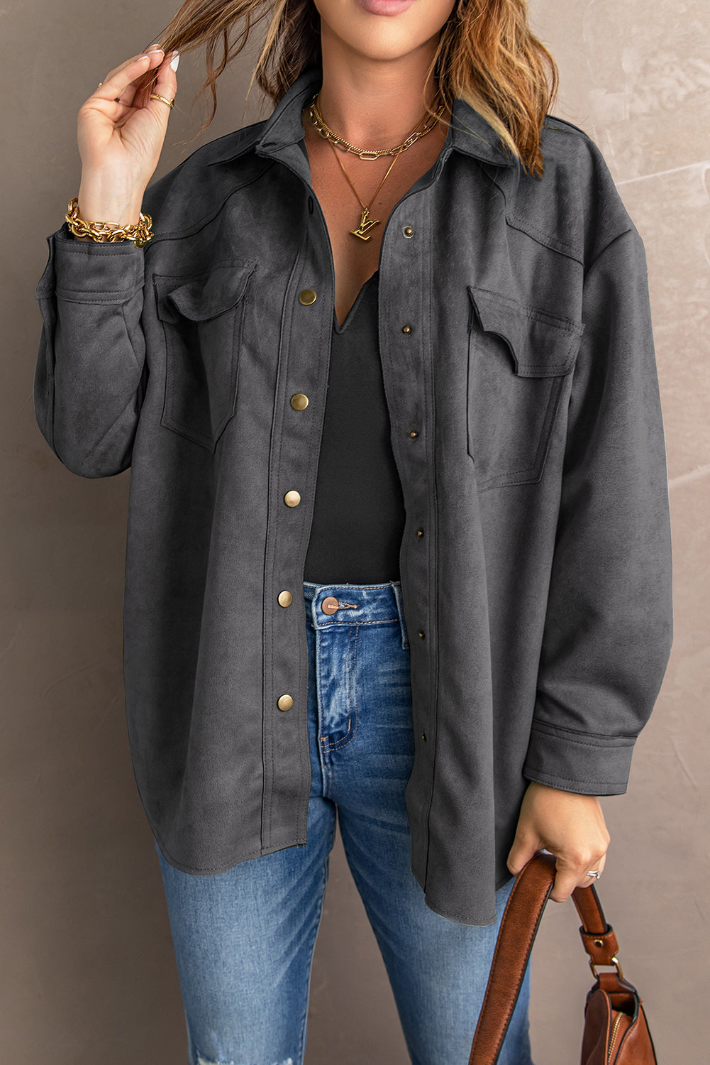 Snap Down Suede Jacket with Breast Pockets - Gray / S