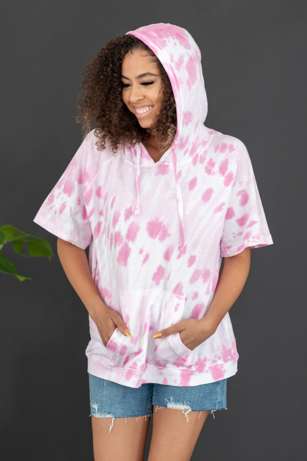 Sew In Love Watching Clouds Tie-Dye Short-Sleeved Hoodie in Neon Pink -