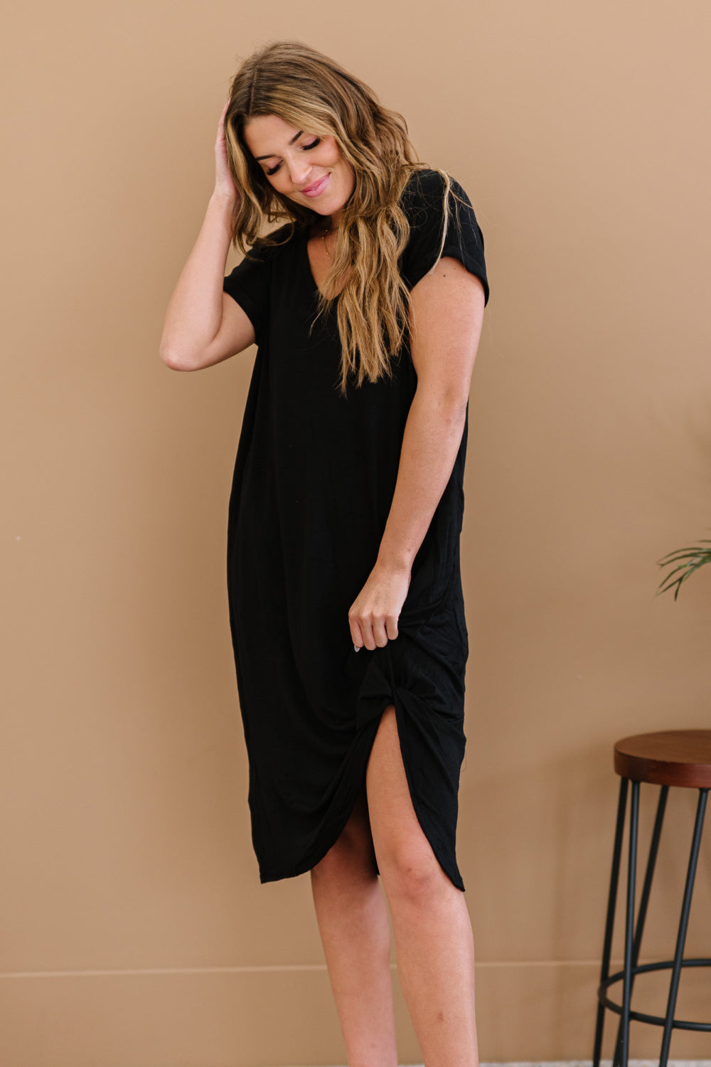 P & Rose Plot Twist T-Shirt Dress with Pockets in Black -