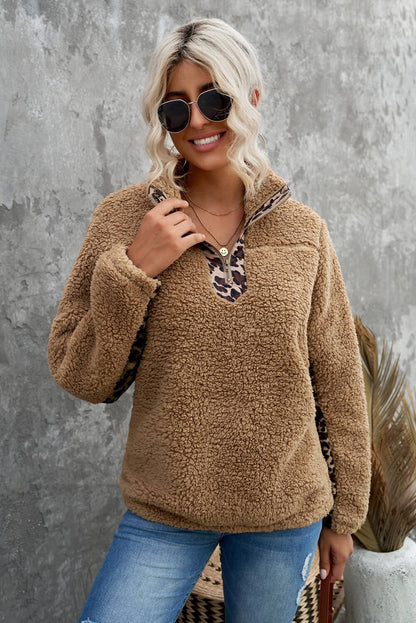 Animal Print Quarter-Zip Sherpa Sweatshirt - Khaki / S