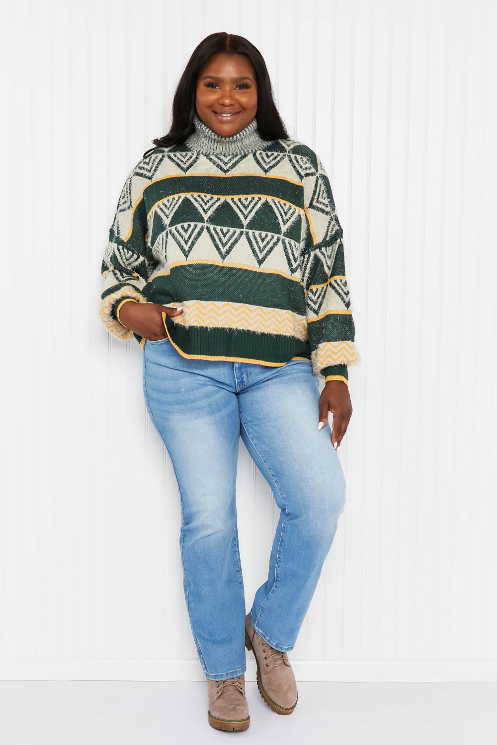 Davi & Dani Cozy Weather Full Size Geometric Fuzzy Turtleneck Sweater in Green -