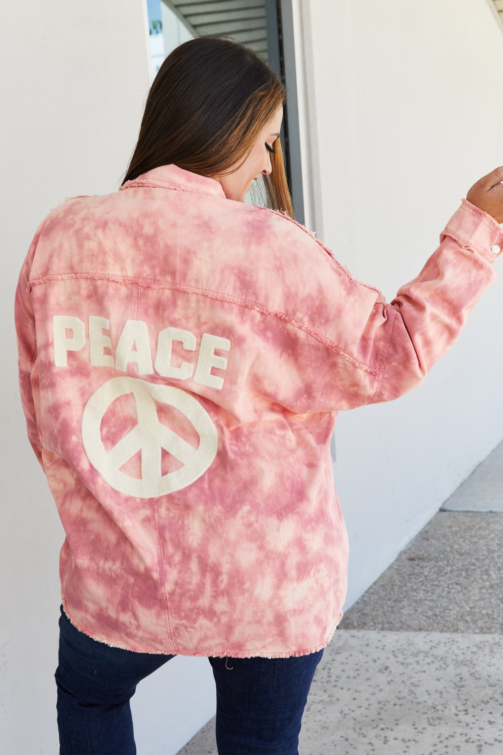 Davi & Dani Peace Sign Tie-Dye Embroidered Patch Shacket -