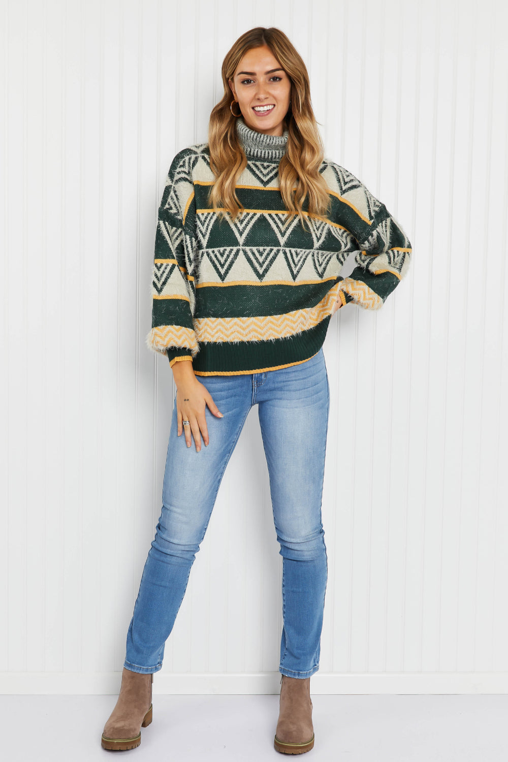 Davi & Dani Cozy Weather Full Size Geometric Fuzzy Turtleneck Sweater in Green -