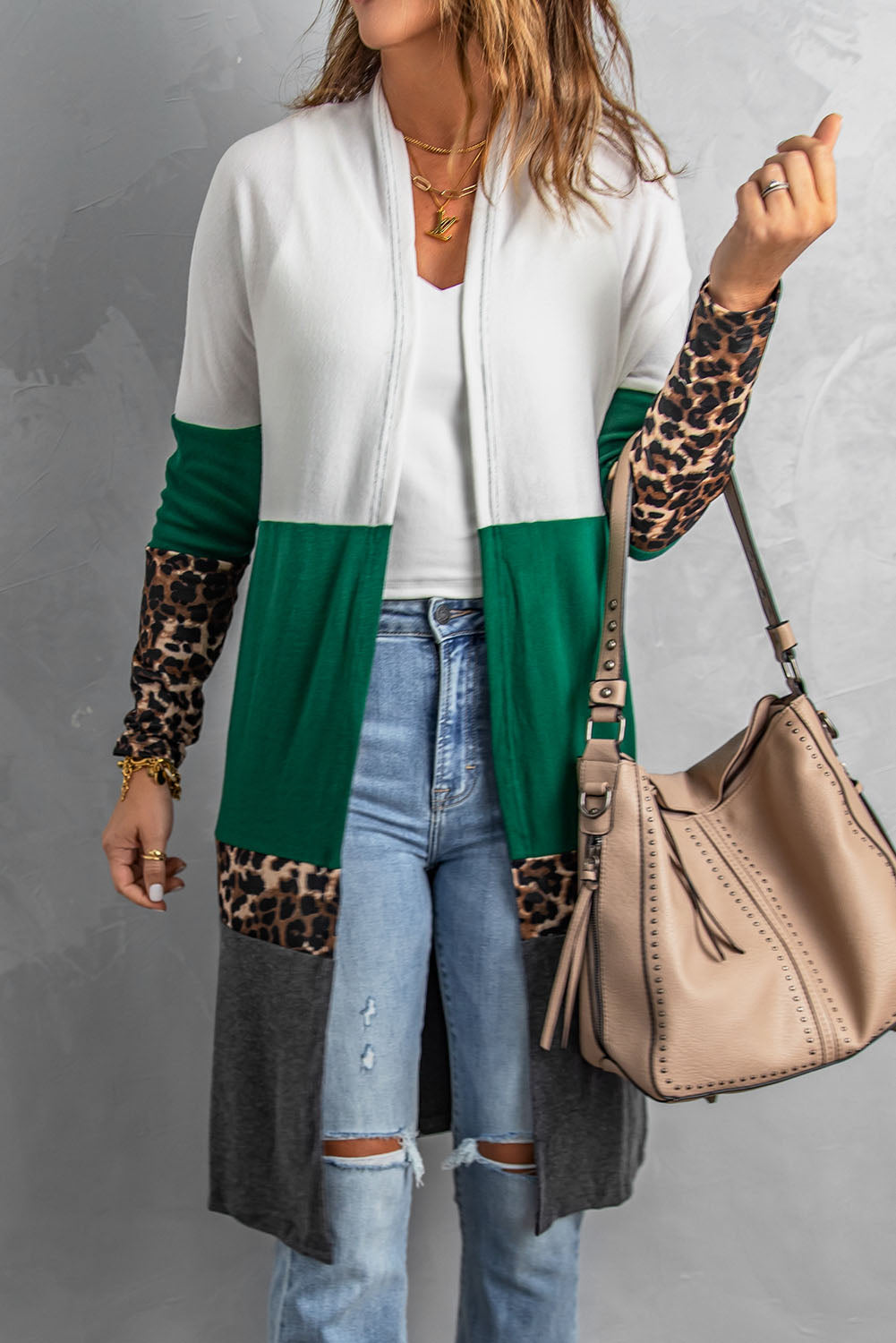 Leopard Color Block Open Front Longline Cardigan -