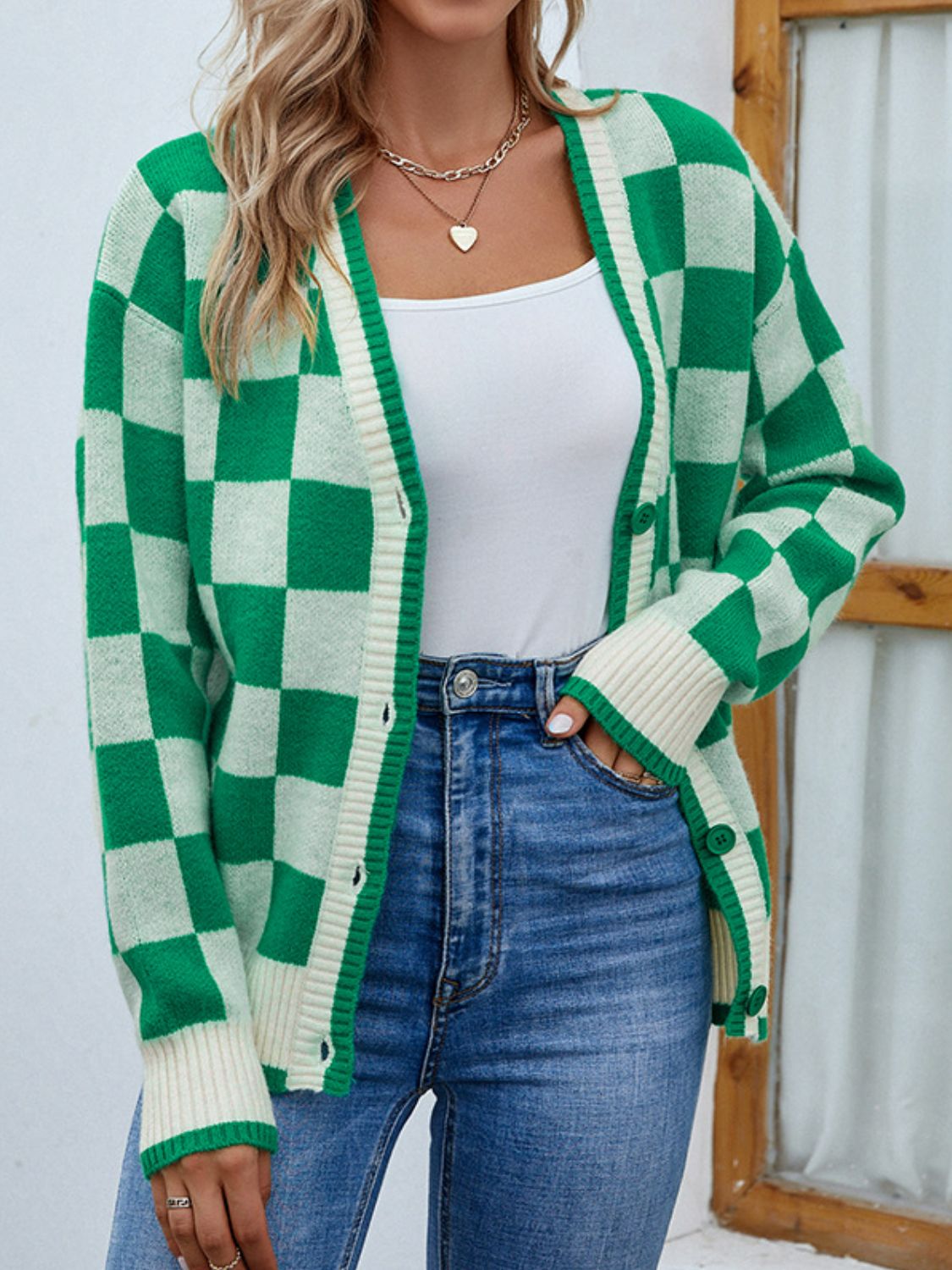 Checkered Button Front Ribbed Trim Cardigan -