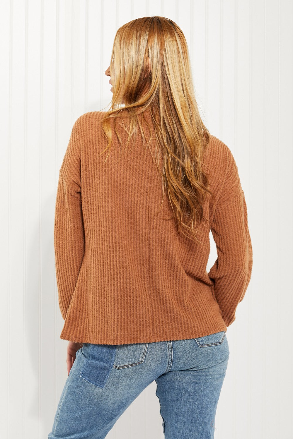 Zenana Apple Dumplings Full Size Brushed Waffle Knit Henley in Deep Camel -