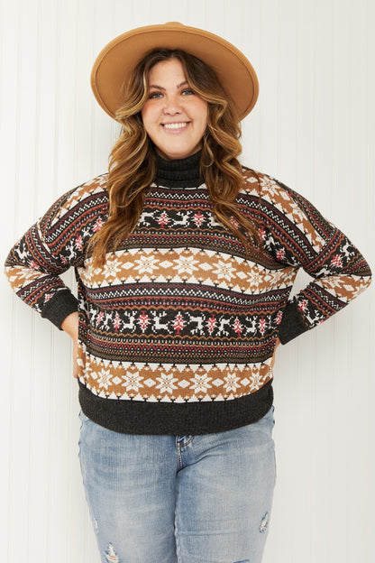 CY Fashion Reindeer Retreat Full Size Fair Isle Christmas Sweater - Brown / S