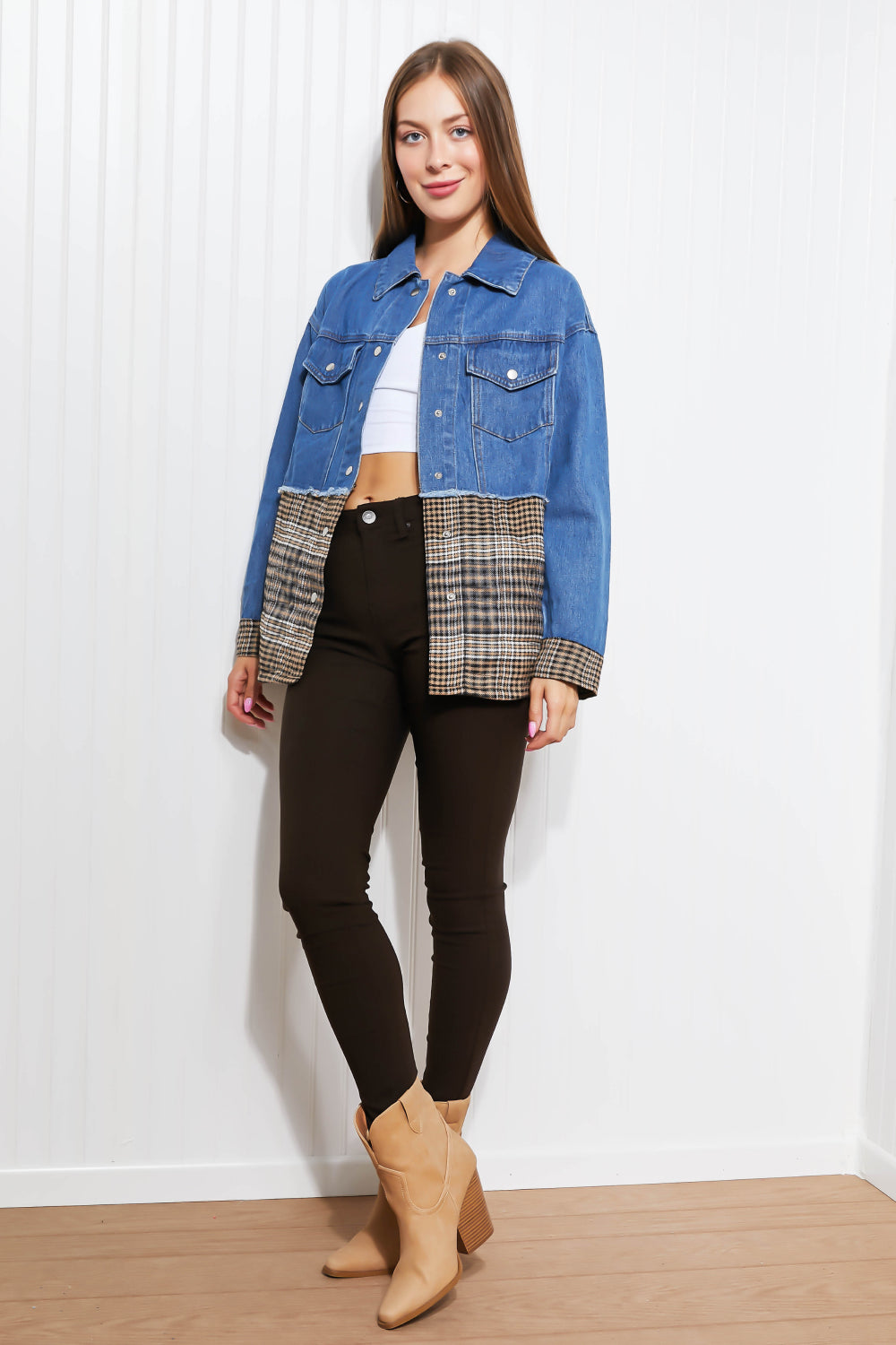 CY Fashion Porch Views Plaid Spliced Denim Jacket -