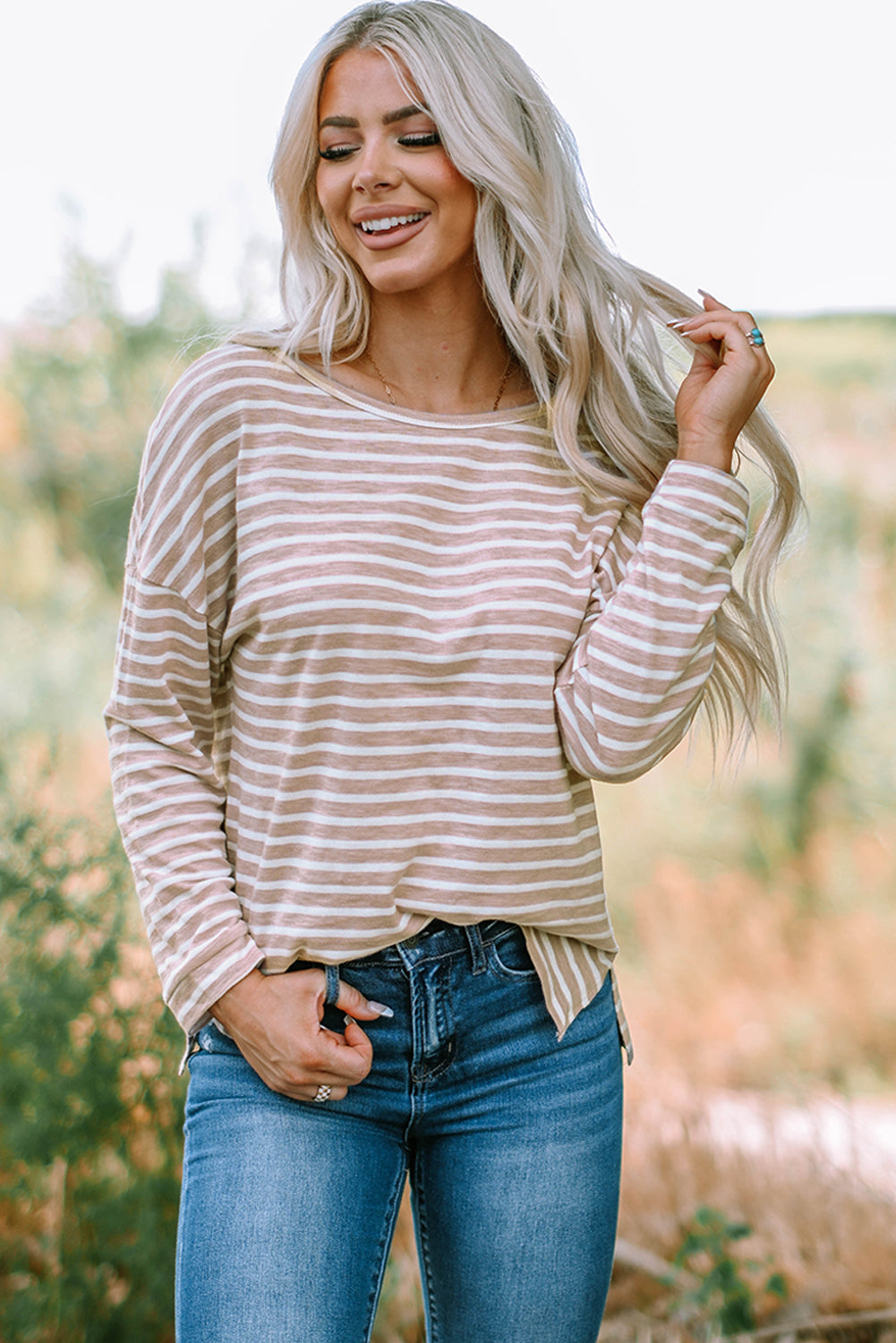 Striped Round Neck Slit Top -