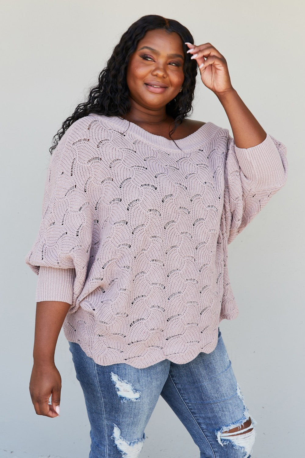 Sweet Lovely by Jen Drift Away Scallop Sweater - Dusty Mauve / S/M