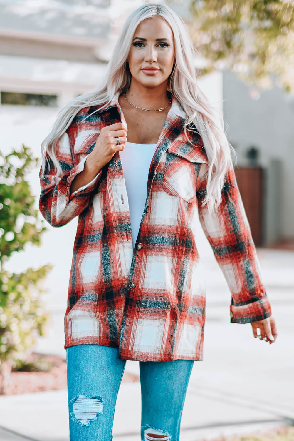 Plaid Button Up Shirt Jacket with Pockets - Red / S