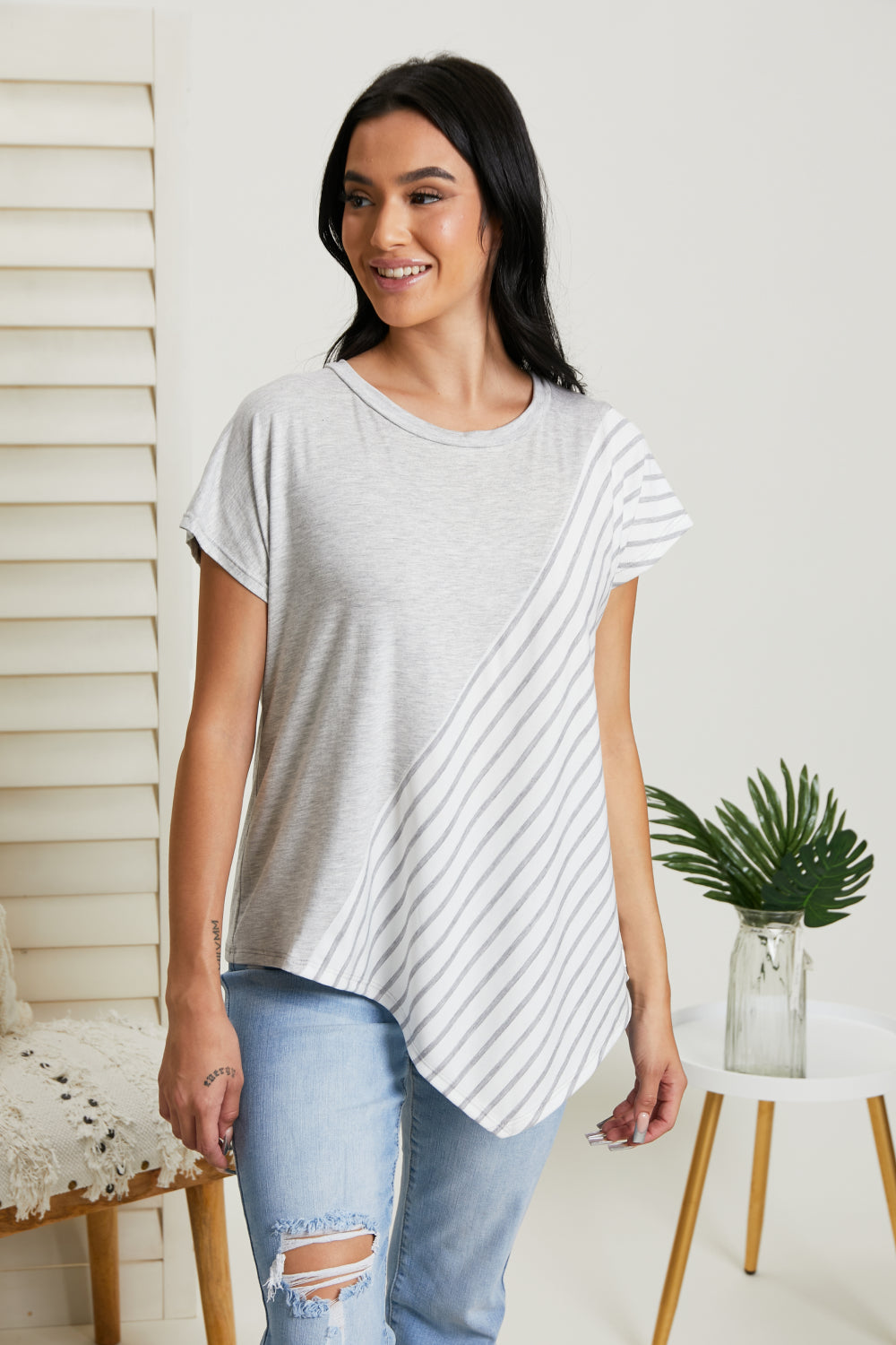 Sew In Love Spoonful of Sugar Striped Color Block Tee in Grey -