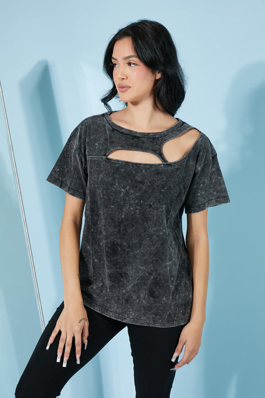 BiBi Best-Kept Secret Acid Wash Cutout Tee - Black Charcoal / S