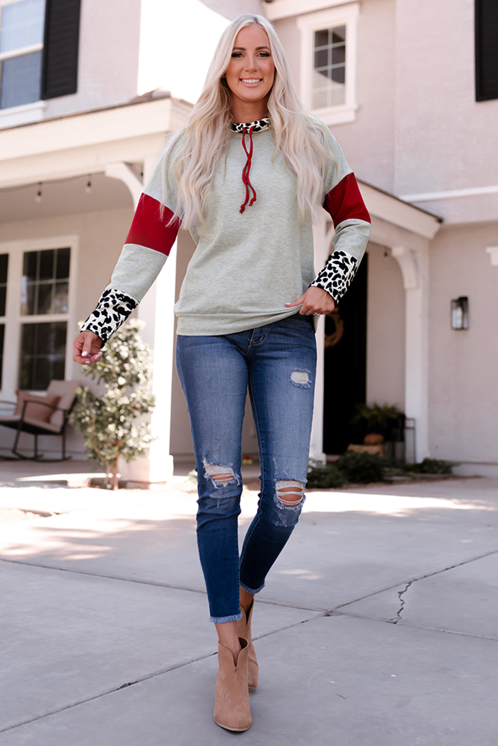 Leopard Color Block Drawstring Detail Sweatshirt -