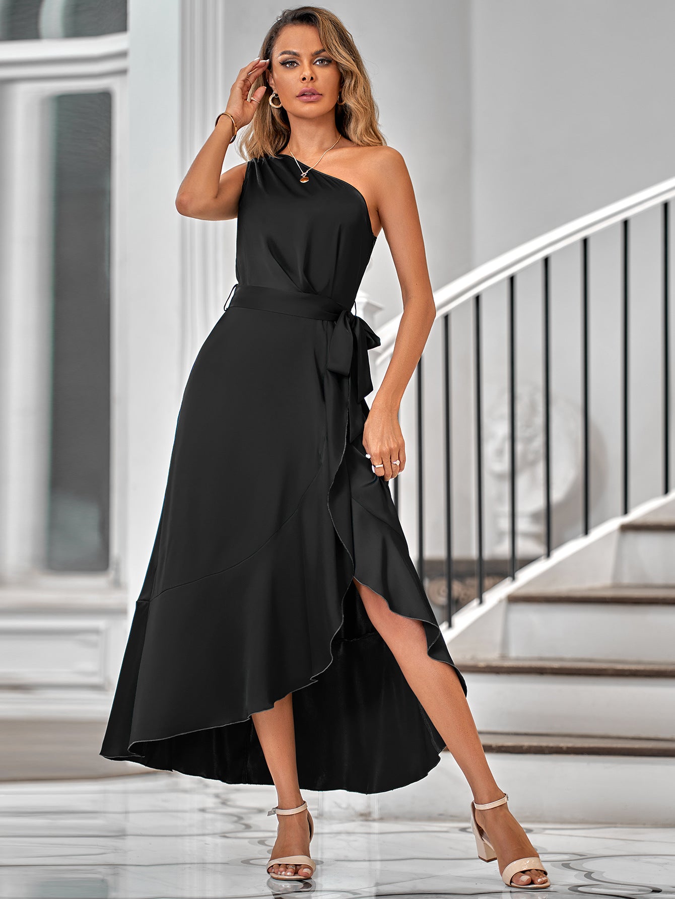 One-Shoulder Belted Ruffle Hem Dress -