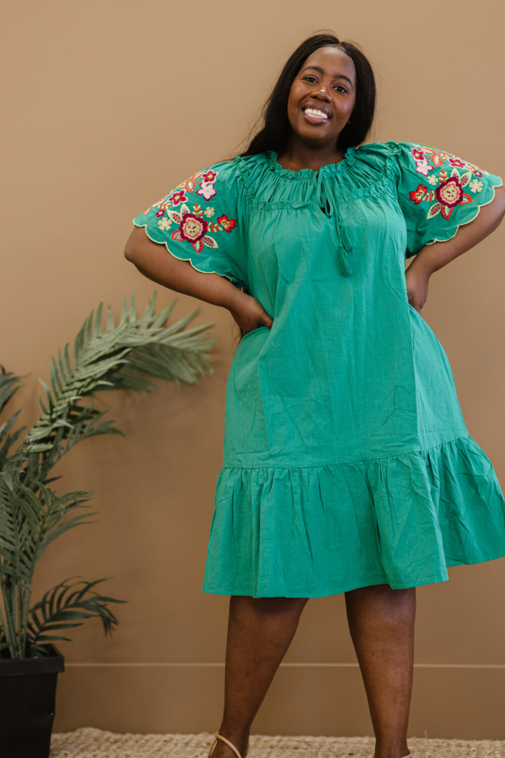 Davi & Dani Flowers for You Full Size Embroidered Dress in Green -