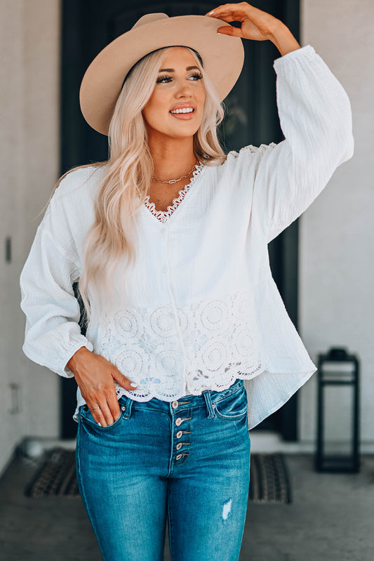 Applique Lace Trim V-Neck High-Low Shirt - White / S