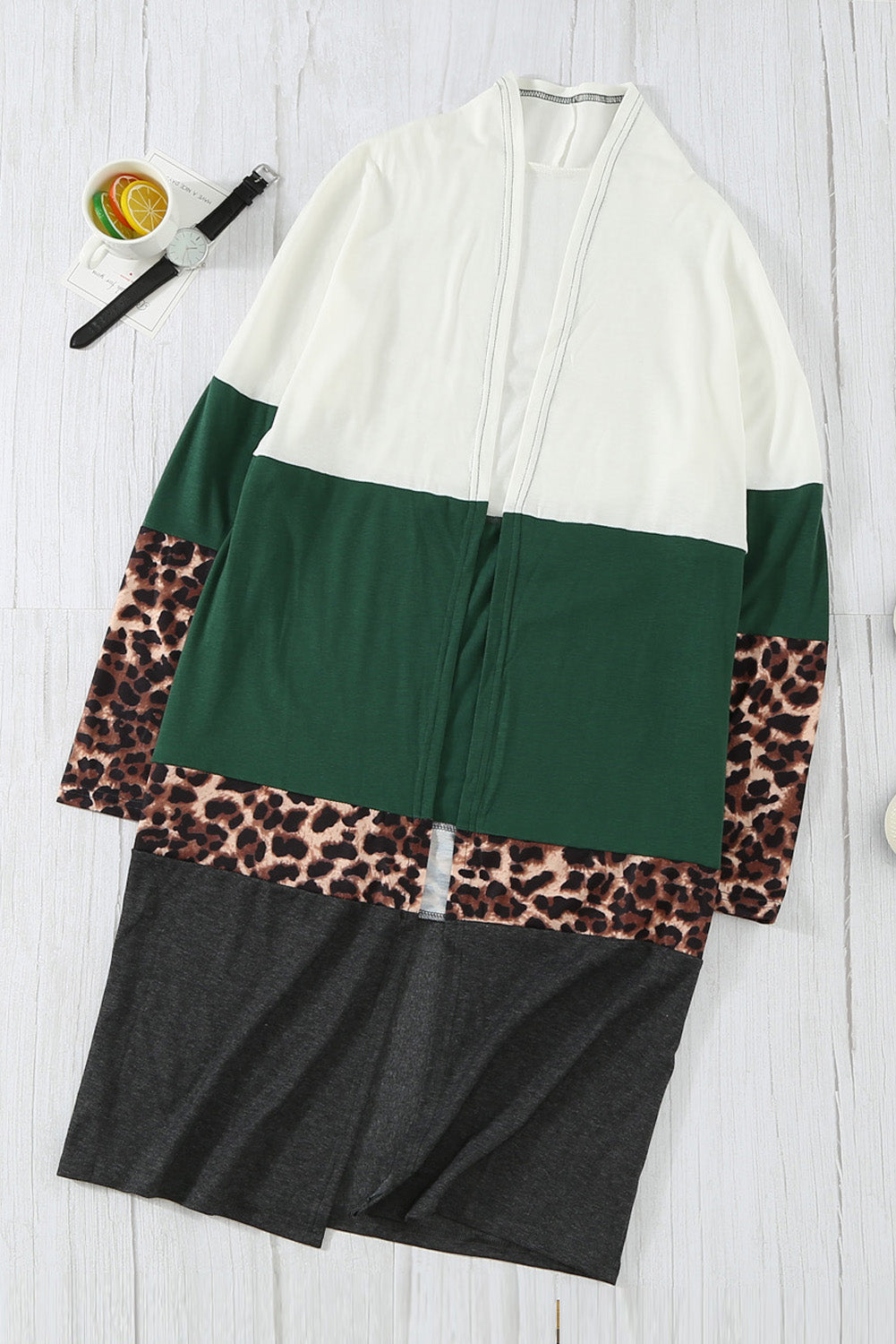 Leopard Color Block Open Front Longline Cardigan -