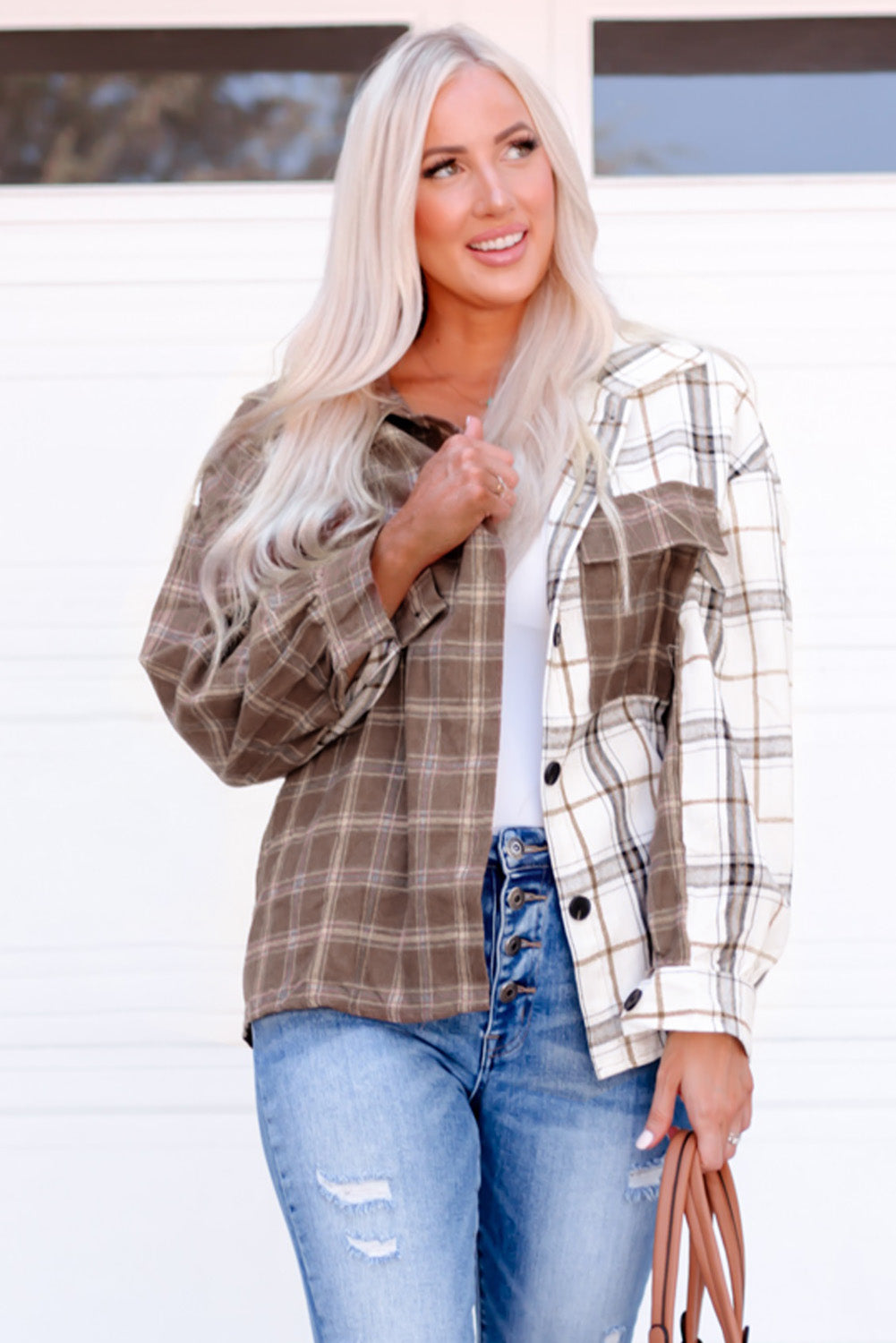 Plaid Contrast Button Up Shirt Jacket -